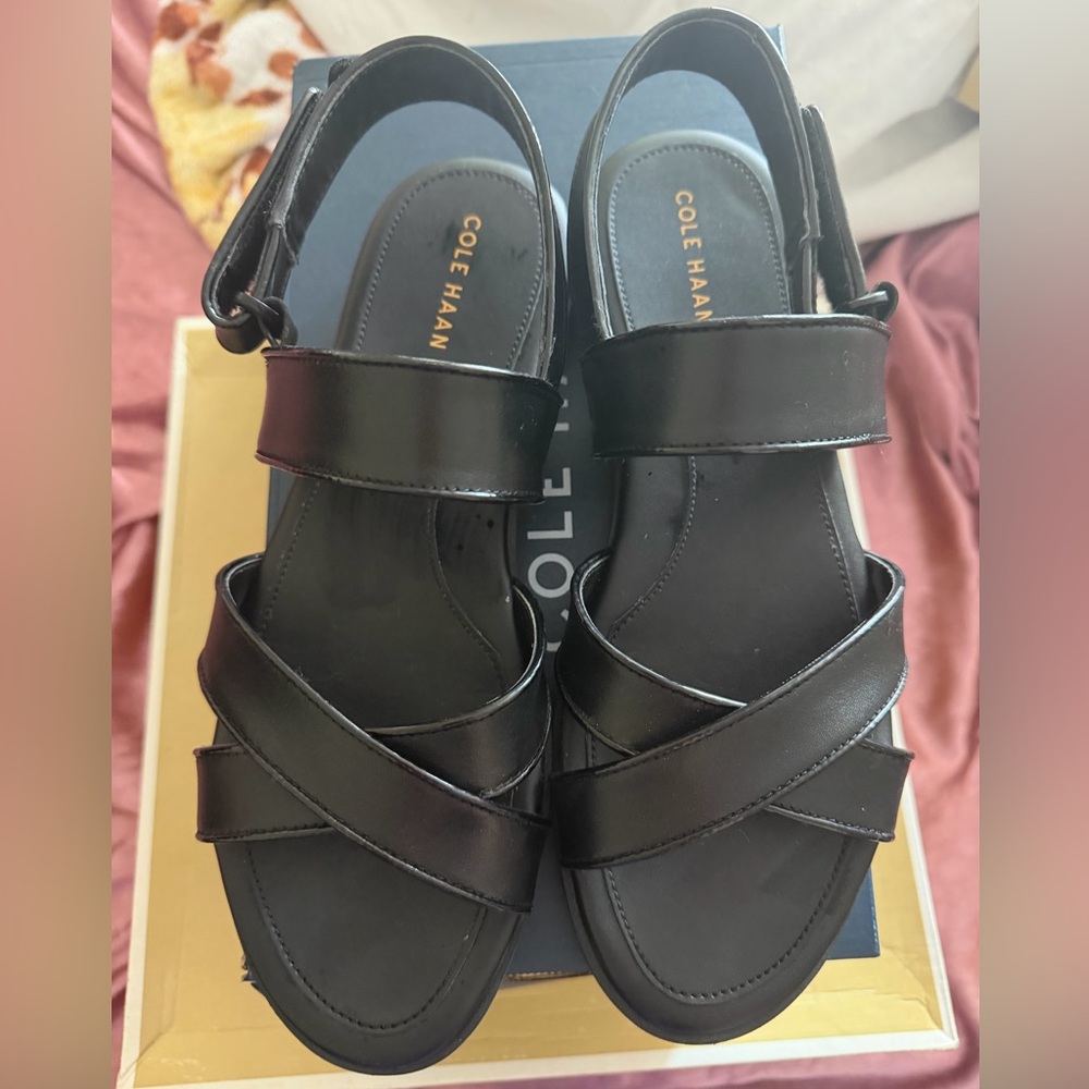 Cole Haan Black Leather Crisscross Ankle Strap Sandals